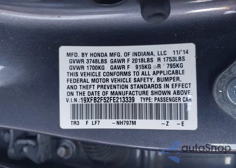 2015 Honda Civic Lx from USA, damaged, VIN 19XFB2F52FE213339